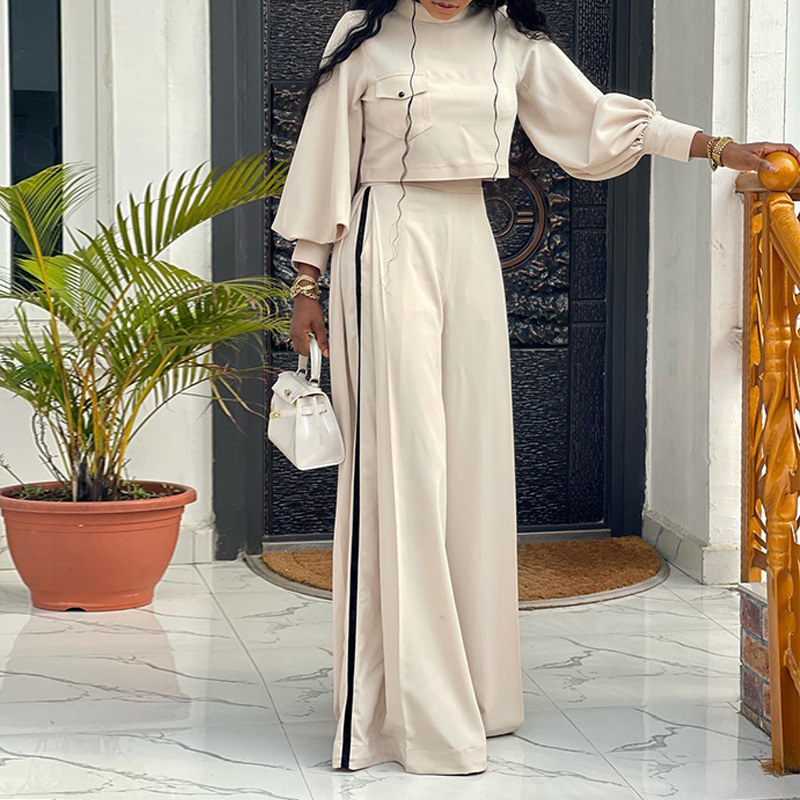 African Women's Clothing Autumn Large Size Loose Half Turtle Collar Long Sleeve Tops Wide Leg Pants Casual Suit