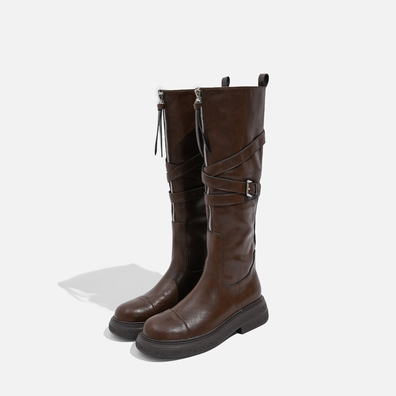 Niche design Long boots female rider boots Female heightening slim brown biker boots below the knee
