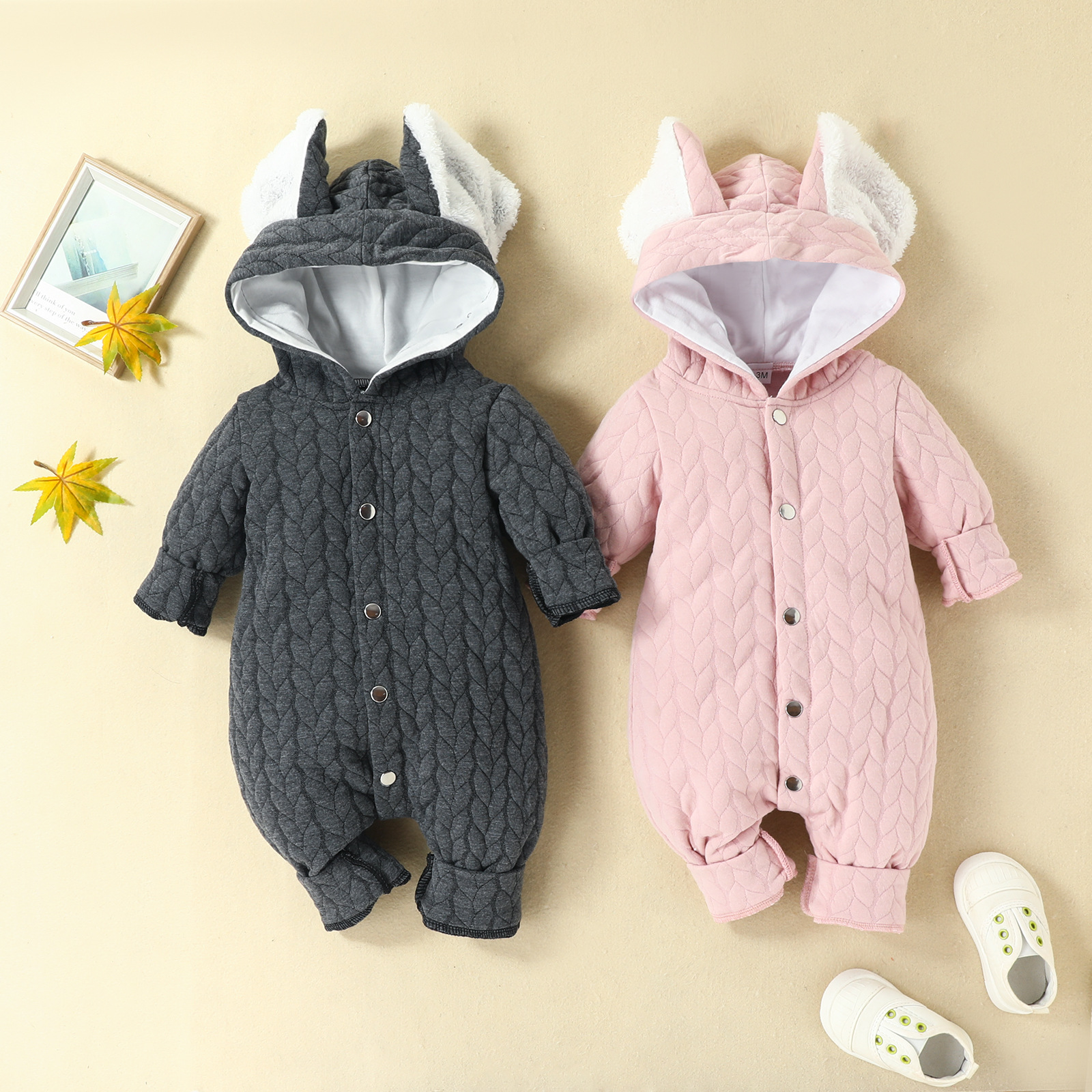 baby clothing winter baby long sleeves long legs crawling clothes baby boy baby girl hooded single-breasted onesie outside wear plush solid