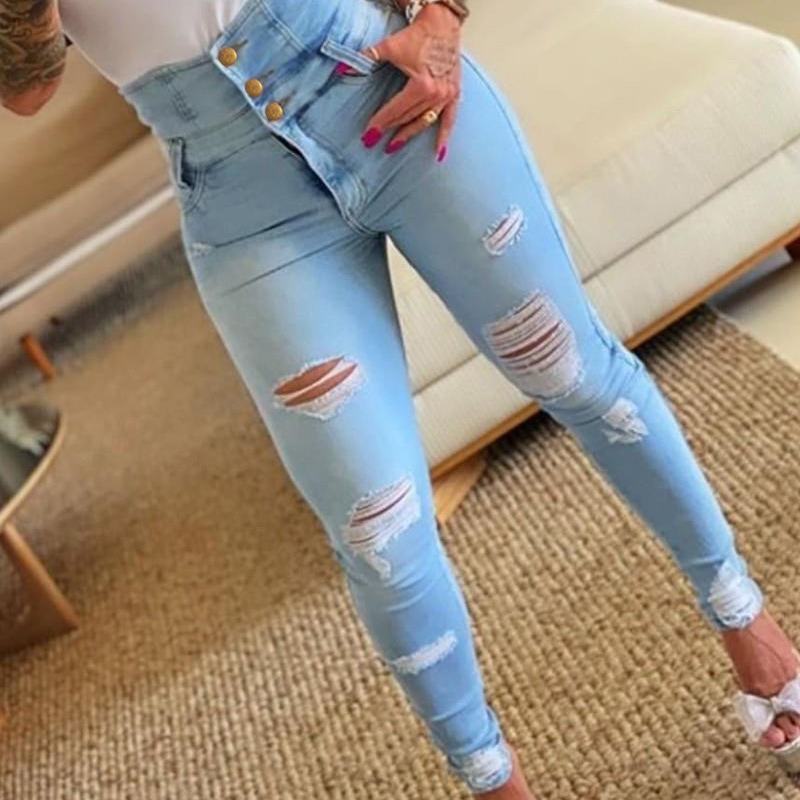 Damenbekleidung Neue hoch taillierte, schmale Jeanshose mit Rissen und kleinem Bein