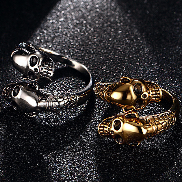 Antique Skull Rings Men Women Gothic Punk Stainless Steel Snake Ring Open Adjustable Finger Jewlery Rings Skull Heads