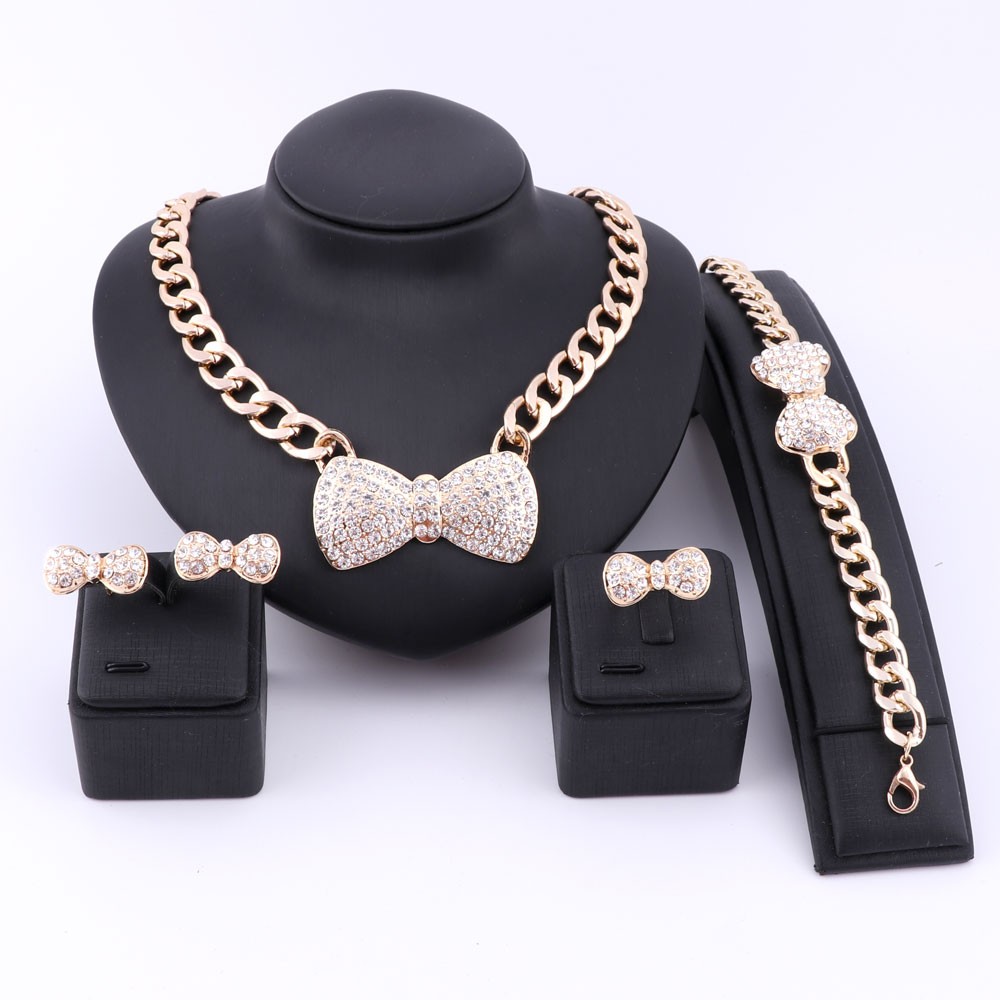 Fashion Gold Color Crystal Bowknot Jewelry Set Weddings Party Dubai Gold Necklace Earrings Bracelet Ring Set