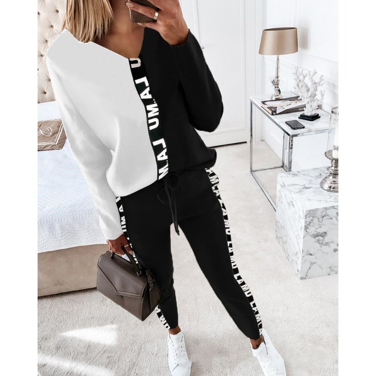 Women's yarn-dyed ribbon splicing long sleeve T-shirt pencil pants casual suit
