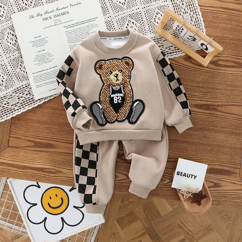Mother & Kids Children's Suit Sweatshirt Children's Clothing Long Sleeve Boy's Stylish Children's Checkered Bear Suit