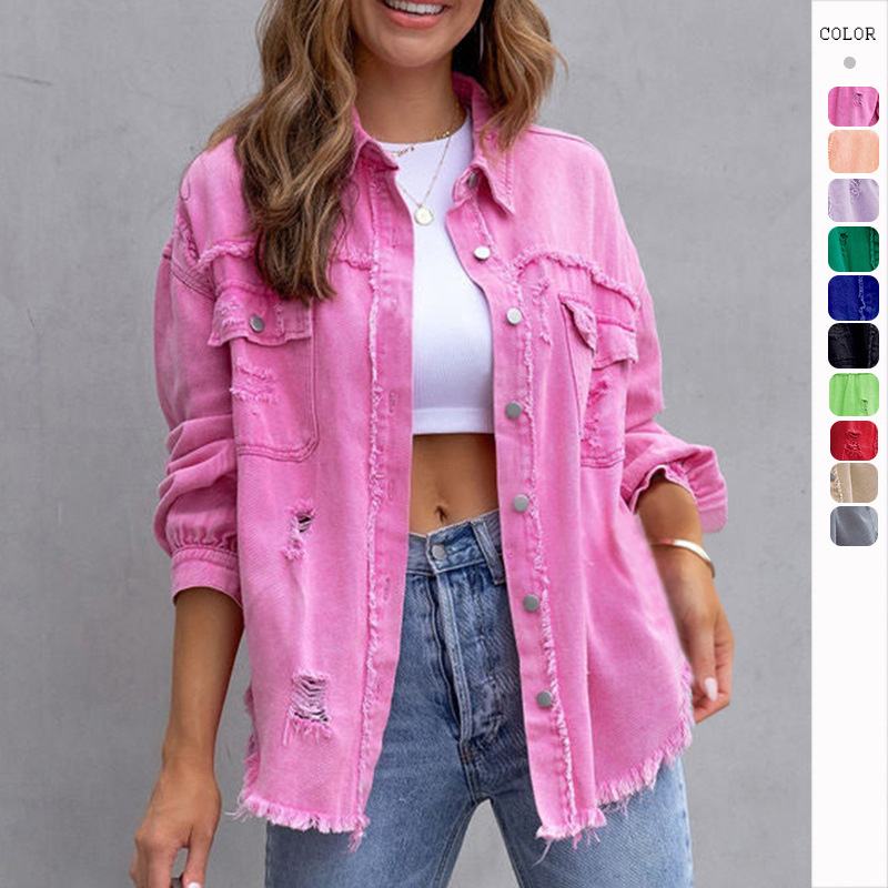 2023 new European and American style American style ruffled ripped denim jacket women's autumn and winter long sleeve casual lapel top