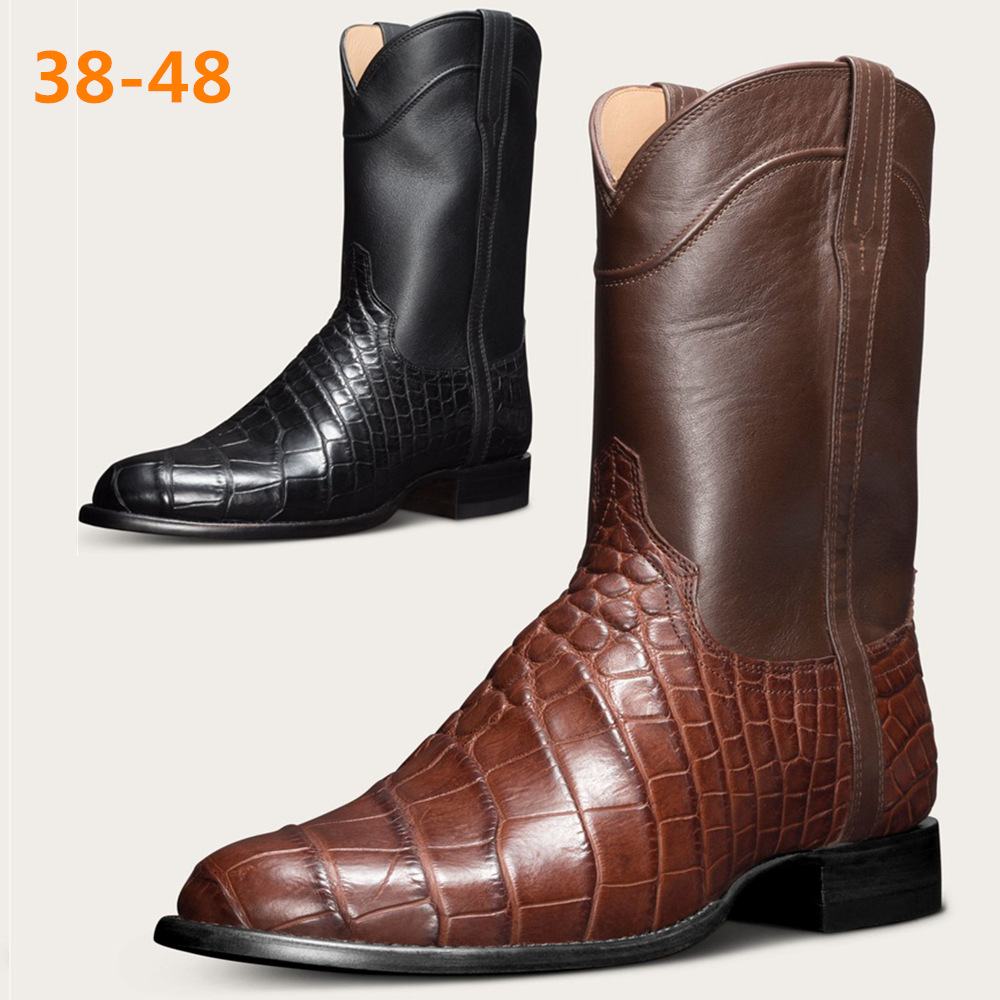 Men’s Shoes Retro Long Boots Crocodile Pattern Western Cowboy Men's Shoes