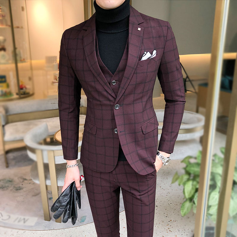Men's Houndstooth Three-piece Suit Men's Business British Style Suit Vest Three-piece Men's Wedding Suit