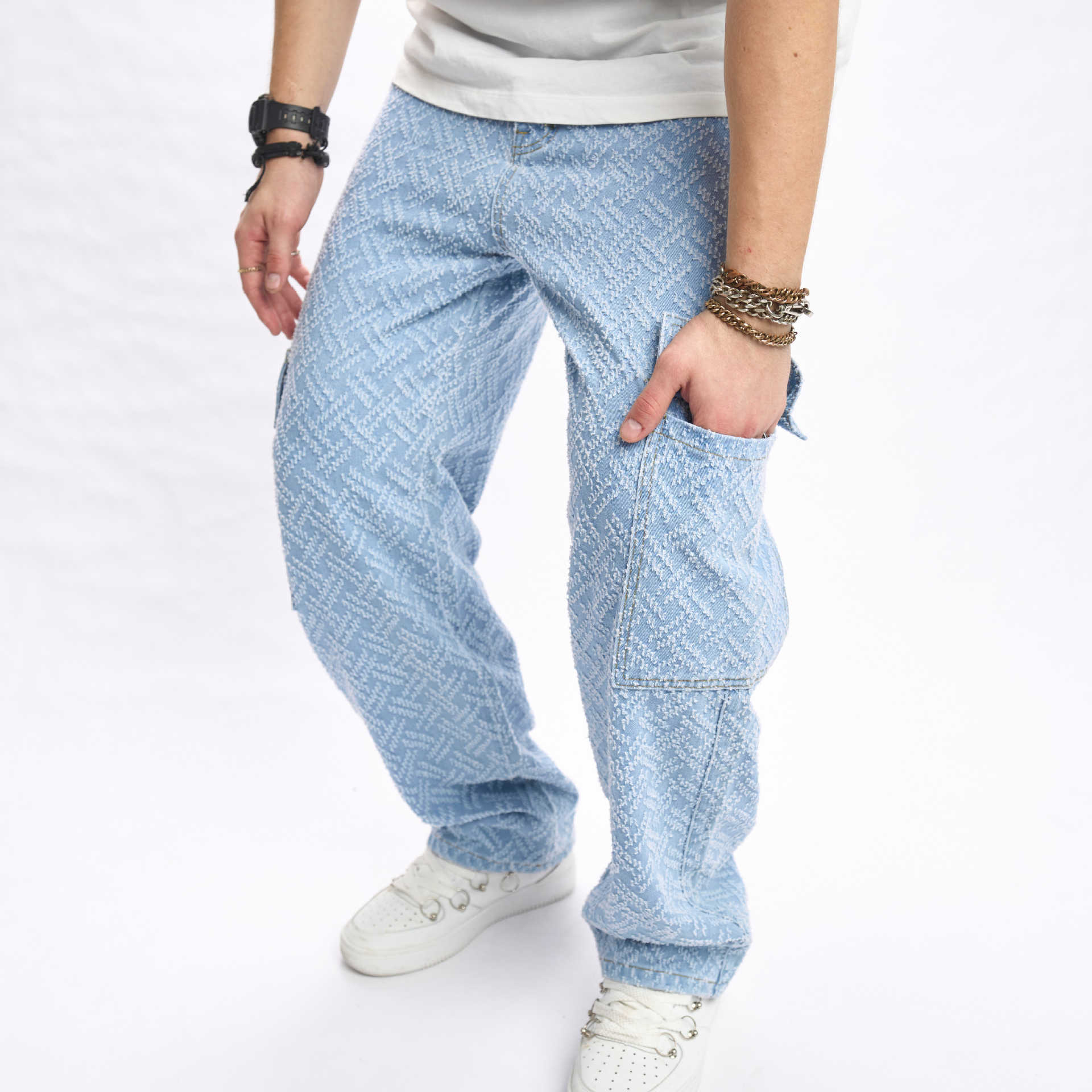 Men's Clothing High Street New Style Straight Trend Patched Raw Edge Trousers Loose Casual Men's Jeans Ins Trousers