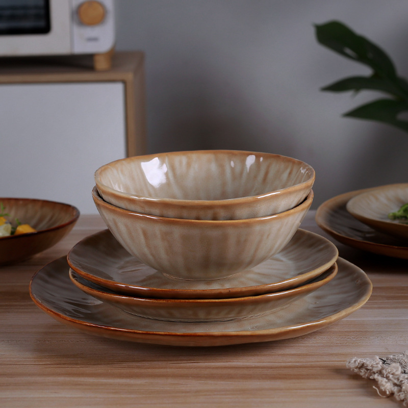 Home Garden Round Creative Bowl And Dish Set Household Ceramic Bowl And Dish Combination Set Retro Style Plate Bowl Ceramic Tableware Wholesale