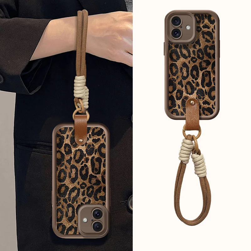Leopard Print Lanyard Phone Case For IPhone 16 11 12 13 14 15 Pro MAX Plus XS Max XR 7 8 Plus Wrist Strap Soft TPU Cover