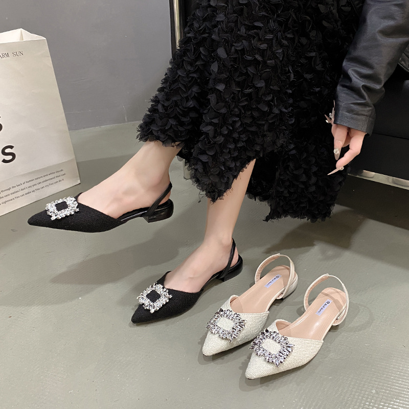Women's Shoes Flat French Black Fairy Rhinestones Sandals Spring And Summer New Style Chanel Style Pointed Toe Women