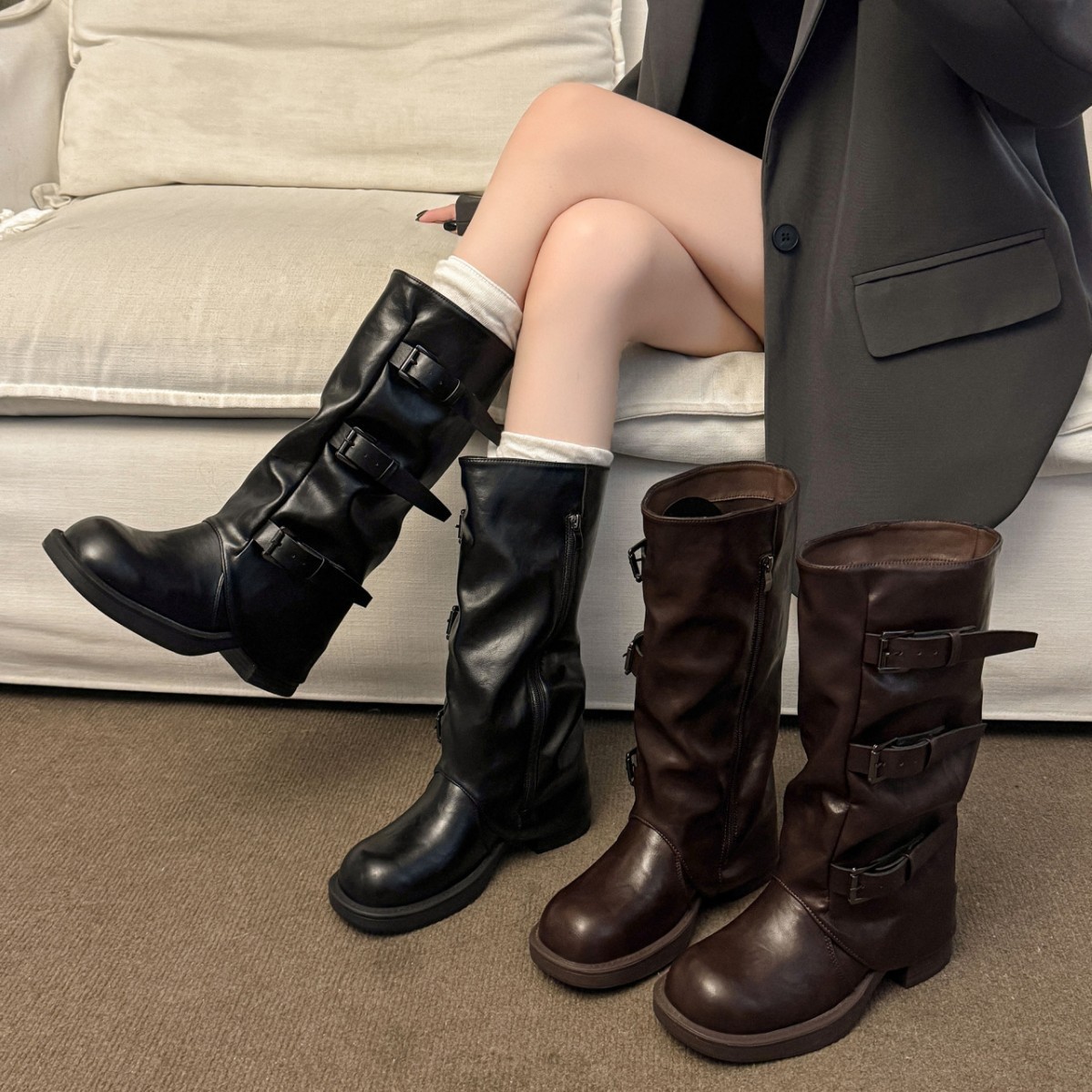 Women's Fashion Cowboy Boots With Chunky Heel - Retro Stacked Ankle Boots For Women, Comfortable Round Toe Mid-Calf Boots In Black & Brown