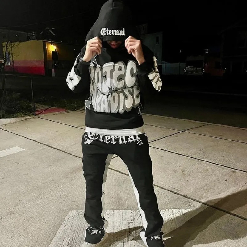 Men's Clothing Sweatshirt 2024 Spring New Street Gothic Letter Foam Printed Hoodie Casual Loose Sweatshirt