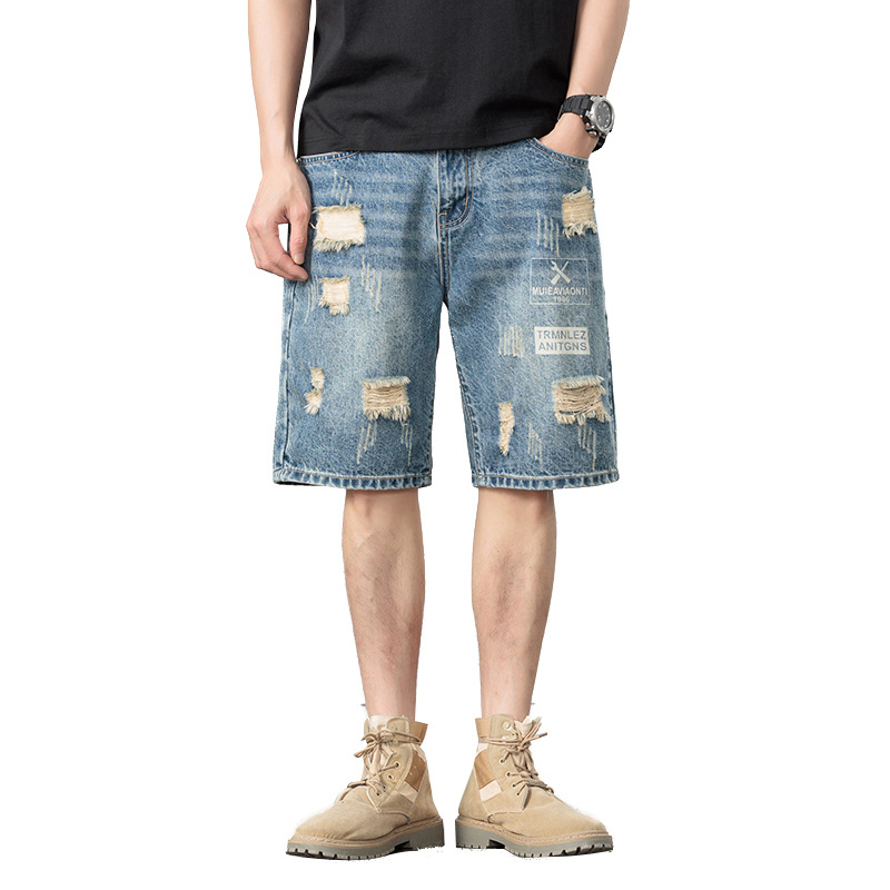 Men's Clothing Fashion Trend Young Ripped Denim Shorts Trendy 5 Point Pants