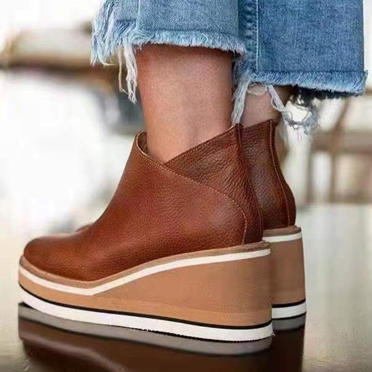 Large size wedge heel short boots for women flat side zipper round toe solid color nude boots thick sole leather boots