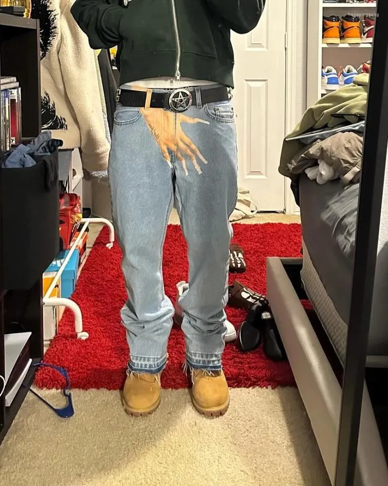 Men's Jeans Y2k Gothic Hip Hop Palm Print Baggy Haruku Fashion Men Women Streetwear High Waist Denim Pants Vintage