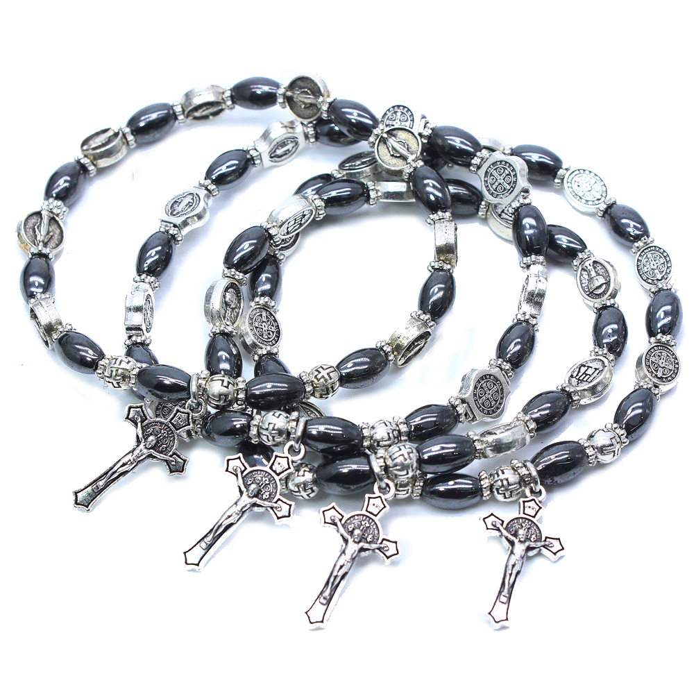 Religious Christian Orthodox Iconic Alloy Black Beaded Cross Bracelets Elastic Adjustable Bracelets Jewelry