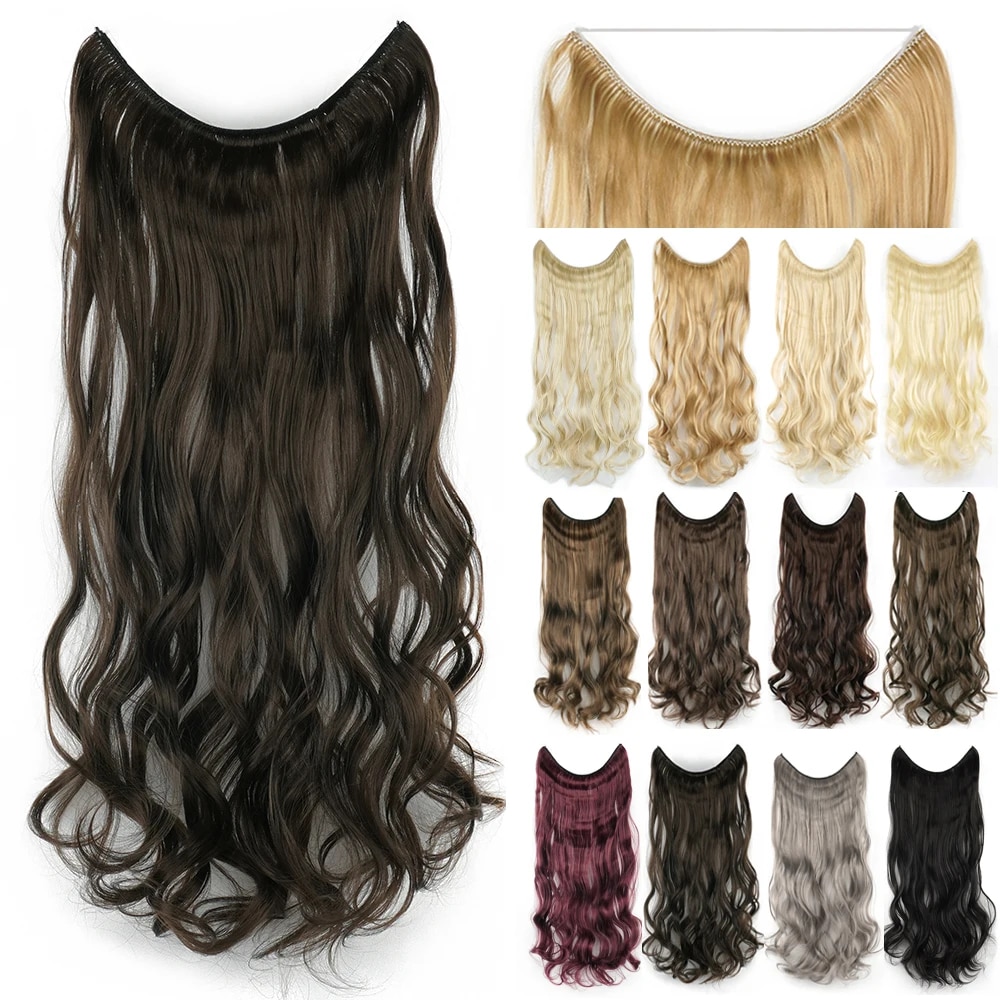 Long Brown Synthetic Hairpieces Fish Line Fusion Invisible Wavy Hair Extensions Cabello Perruque Femme
