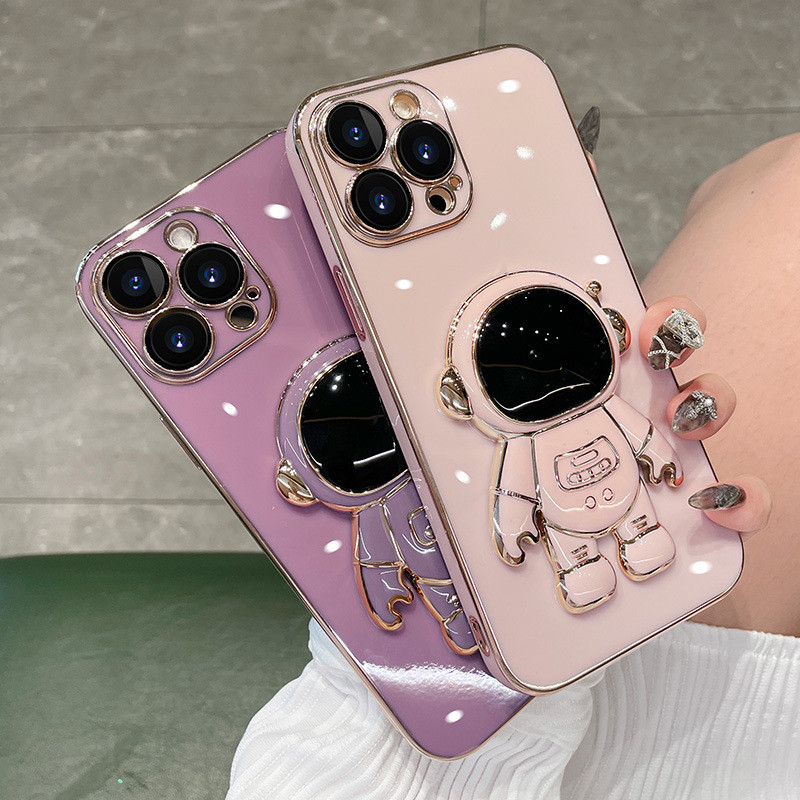 Phone Case On For Huawei P40 Lite P30 Pro P20 Plating Astronaut Fold Phone Holder Soft TPU Back Cover Y9S Y9A Y7A Y6P Y7