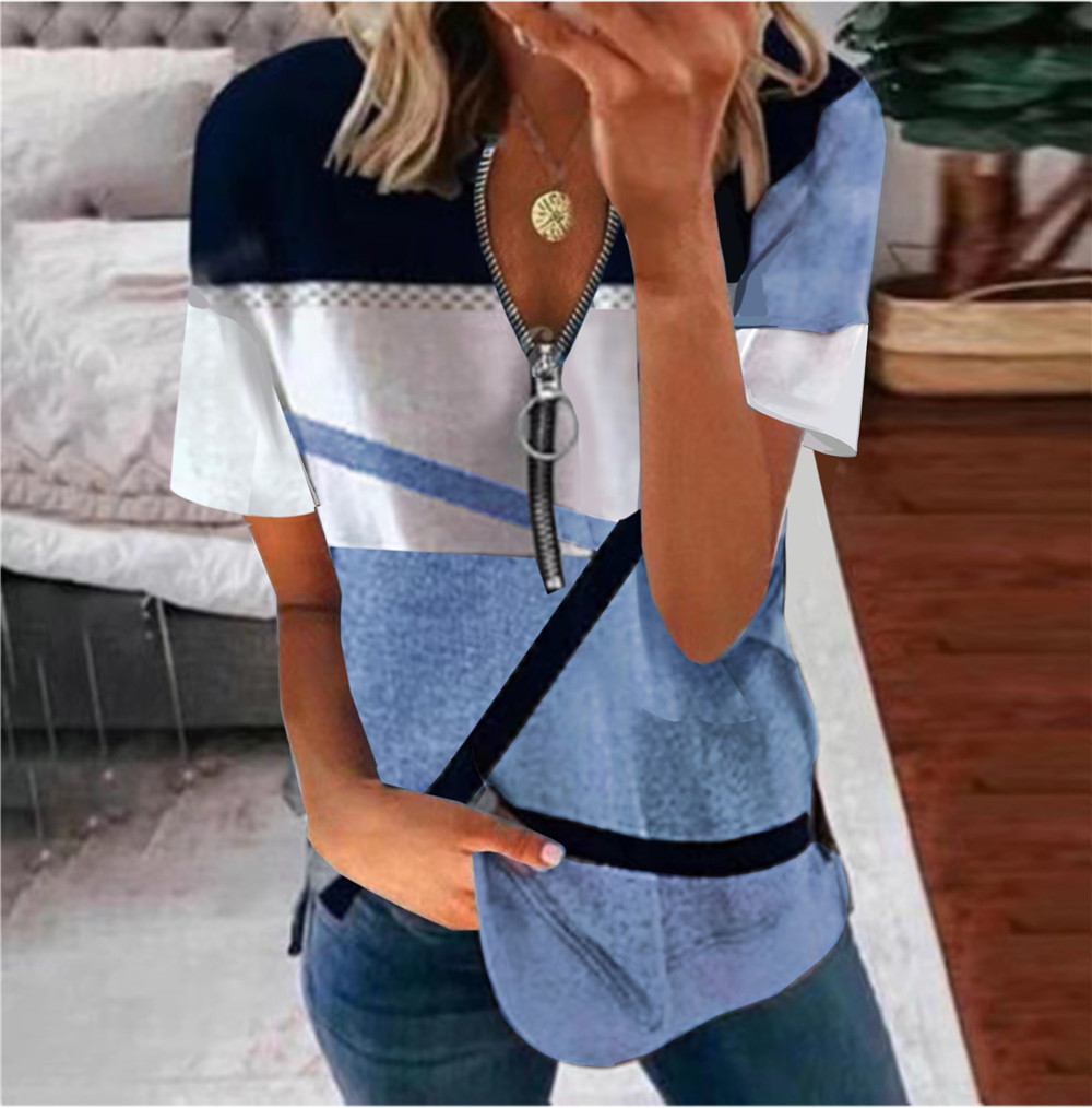 Women's Loose Fit Short Sleeve T-Shirt With Zipper Print - Casual Streetwear Top