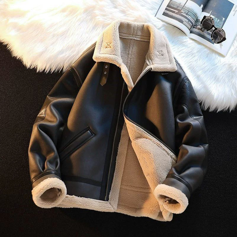 Fur Integrated Jacket Men's Fleece Thickened Locomotive Clothing Brand Deerskin Fleece Jacket Cotton Clothing Lamb Fleece Leather Clothing