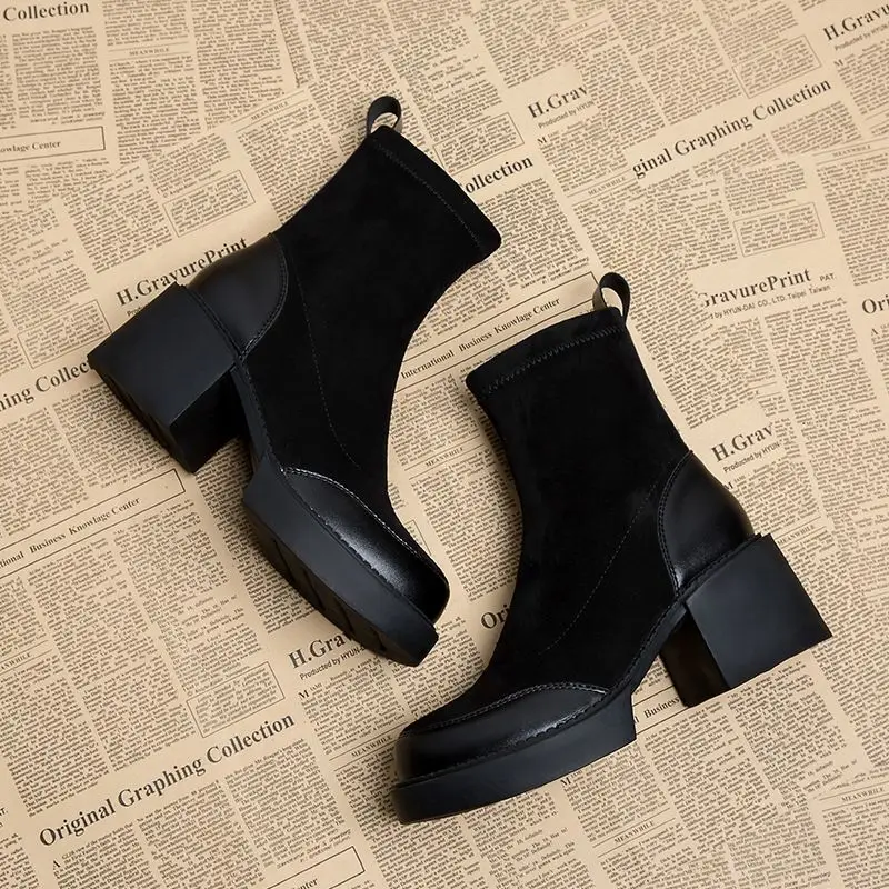 Kurze Schuhe für Damen Schwarze Damen Stiefeletten Sockenschuhe Kampfstiefeletten Sehr hohe Absätze Wildleder Punk Style