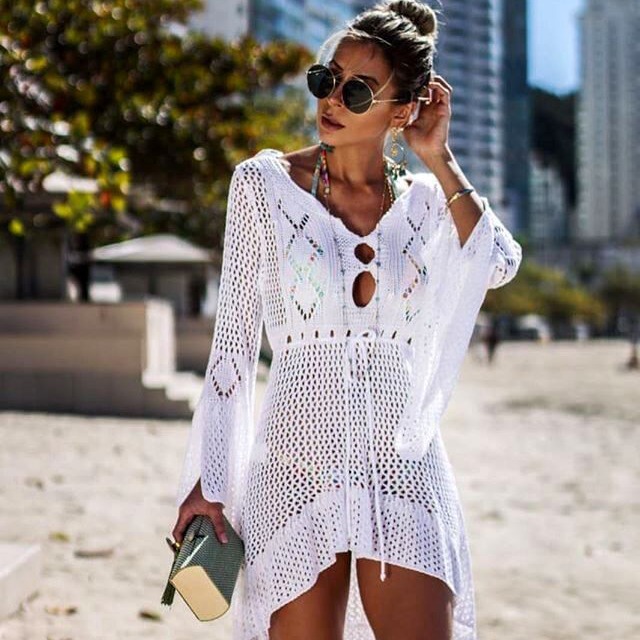 Women's  knitted trumpet sleeve beach cover-up holiday bikini cover-up
