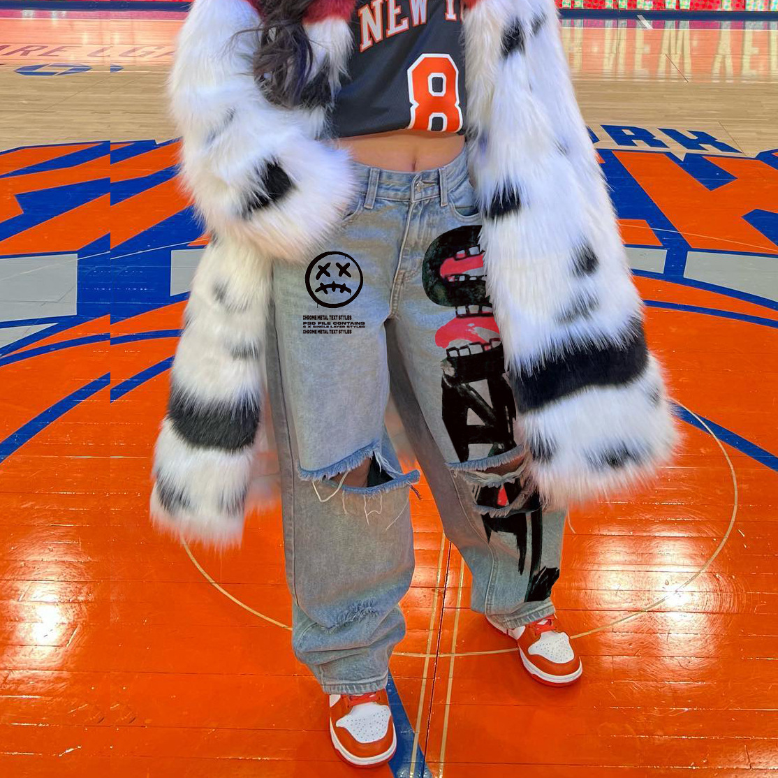 Women's Clothing jeans women's wide leg jeans ripped print mopping pants skateboard pants