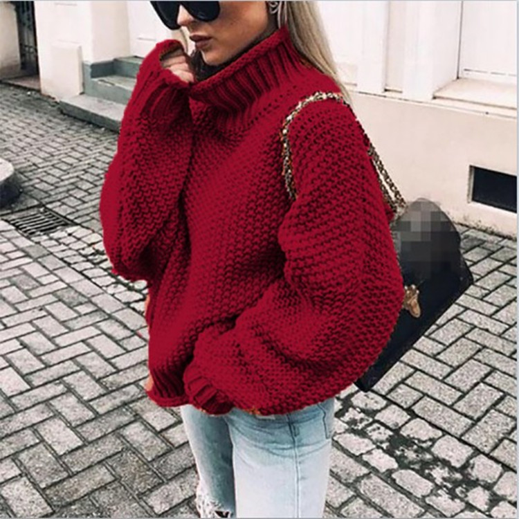 Thick Thread Sweater Women's Curled Turtle Collar Bat Sleeve Sweater