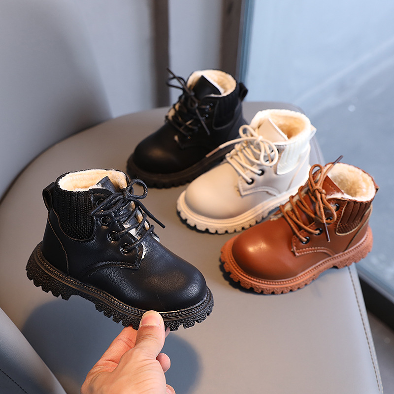 Child's shoes Solid color and fleece ankle boots Boys fashion Martens girls soft-soled boots Large cotton leather boots