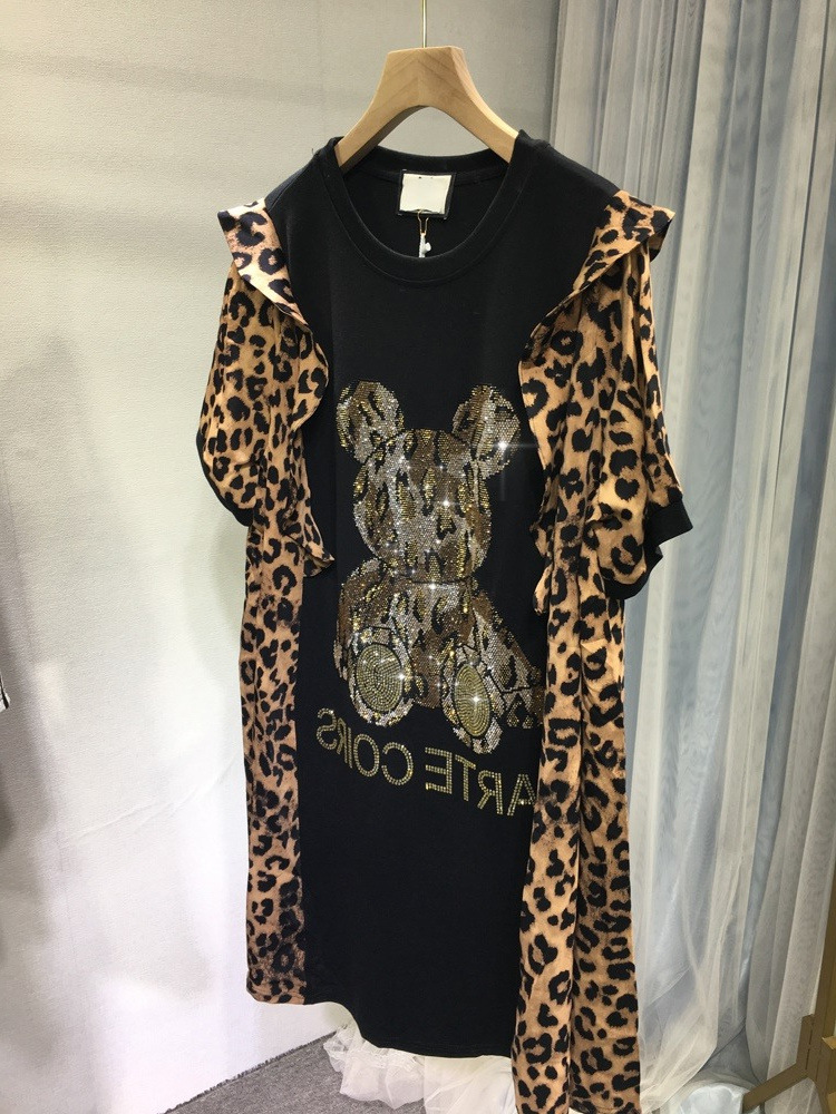 Women's Diamond Dress Leopard Ear Decorative Bear Short Sleeve Long Shirt Women