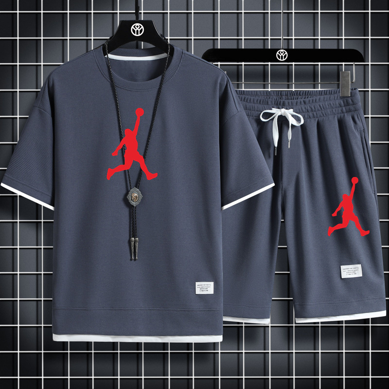 Men's Waffle Short-Sleeved T-Shirt Men's Casual Sports Suit Loose Two-Piece Half-Sleeved T-Shirt Two-Piece Set