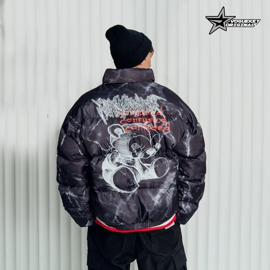 Men's Clothing dark bear graffiti print loose cotton jacket high street hip hop couple bread coat
