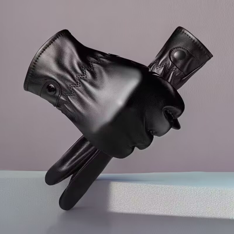 Touch screen PU leather gloves Men's PU cycling plus fleece warm women's ski gloves