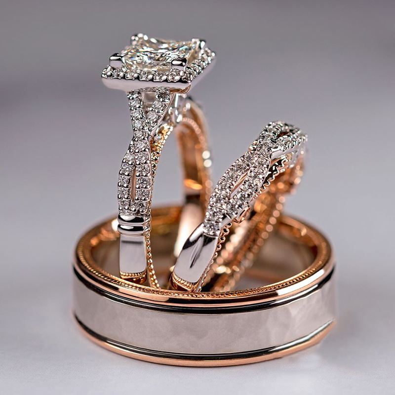 Cao Shi's hot selling three piece ring set Rose gold color separated shining zircon ring women's luxury engagement ring