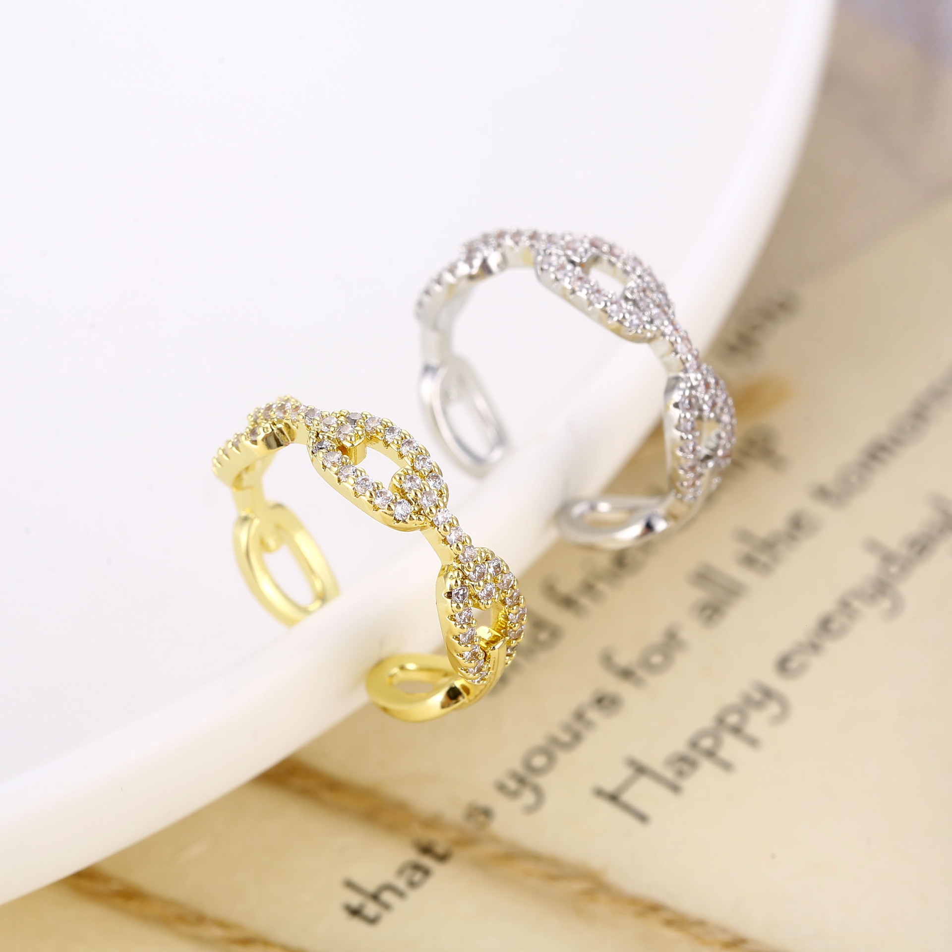 Tide-set zirconium twist ring personalized index finger ring micro-clad hemp rope open ring