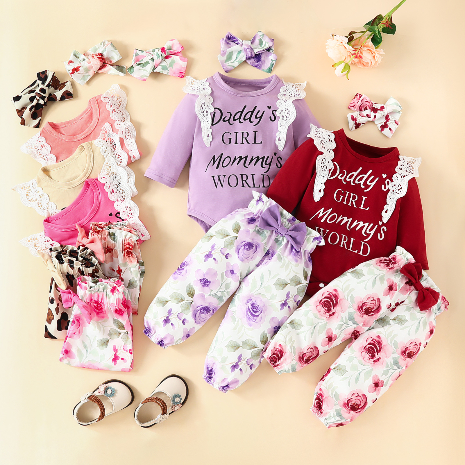 Babies' clothing baby lace lace long-sleeved alphabet romper bow trousers baby girl floral long-sleeved trousers set