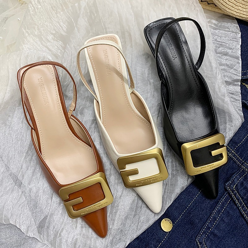 Stiletto Pointed Toe Sandals Female 2023 Summer New Korean Cat Heel Women's Shoes Metal Buckle Shallow Mouth High Heels Back Empty Single Shoes