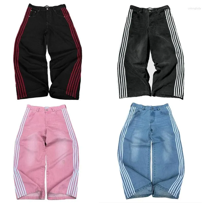 Y2K Men Woman Jeans Baggy High Quality Embroidered Striped Haruku Sweatpants Men Women Hip Hop Streetwear Casual Wide Leg