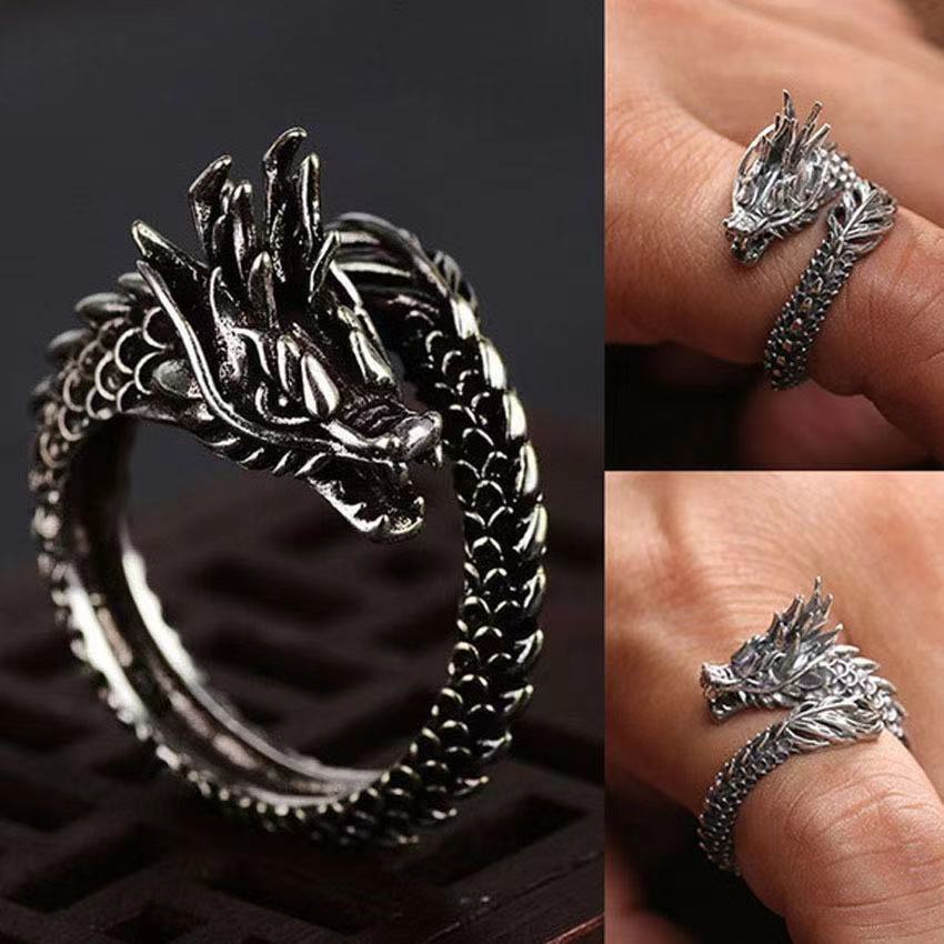 Vintage Antiker Drache Offener Ring Mode Gothic Punk Rock Tier Ring Größe Einstellbar