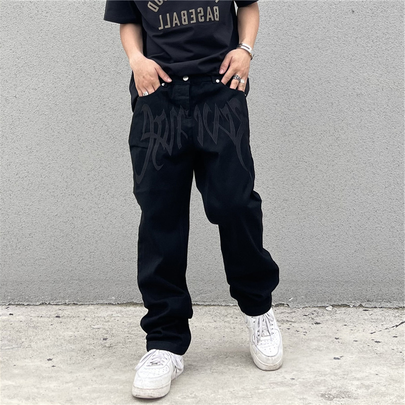 European High Street Fashion Brand Retro Jeans Men's Hip-Hop Black Embroidered Letter Jeans Streetwear Hip-Hop Loose Straight Youth Trousers Trendy