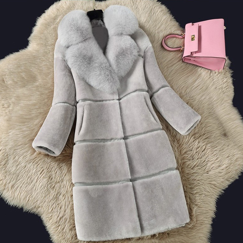 Sheepshear autumn and winter new spliced fur all-in-one mid-length imitation fox fur collar coat and fur jacket
