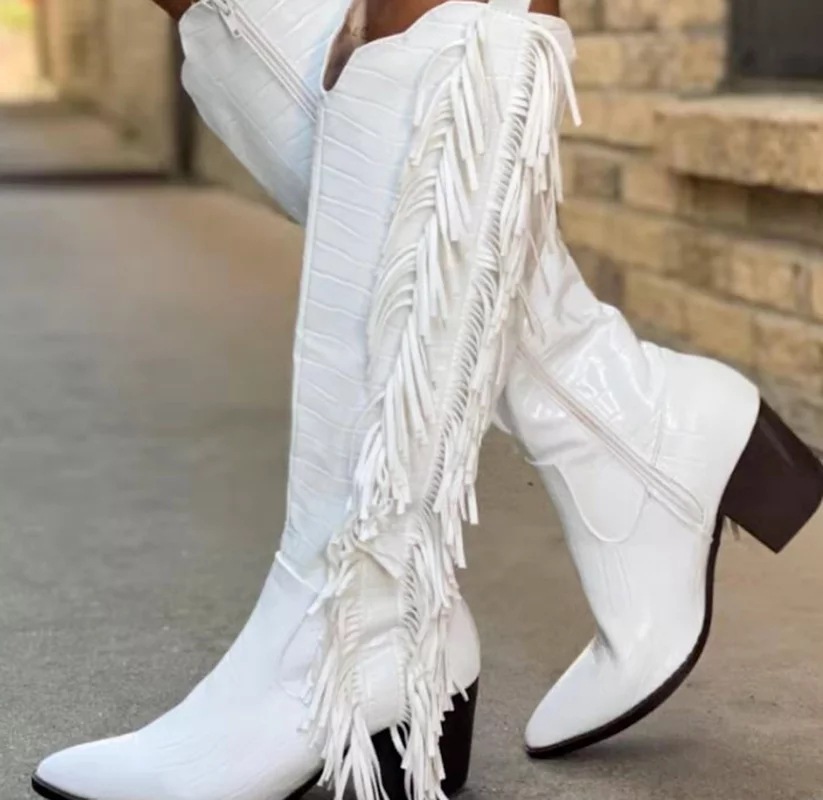 women's cowboy boots, white crocodile pattern tassel boots pointed thick heel knight boots, large size tassel boots women's boots