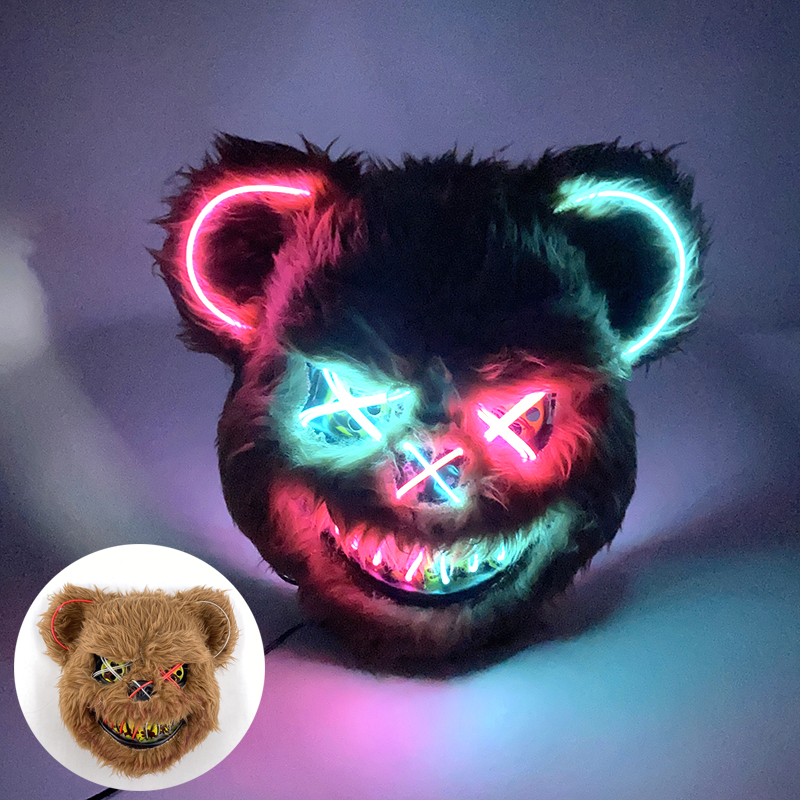 LED Cosplay Glowing Bloody Bear Mask Halloween Horror Plush Rabbit Mask Bloody Bear Mask Decorative Festival Mask Neon Headgear