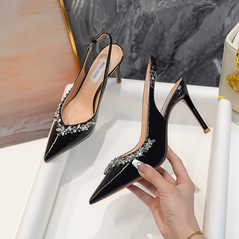 Black High Heels, Thin Heels, Bag Head, Pointed Head, Word With Rhinestone Temperament, Single Shoes, Beautiful Patent Leather, Nude Wedding Shoes