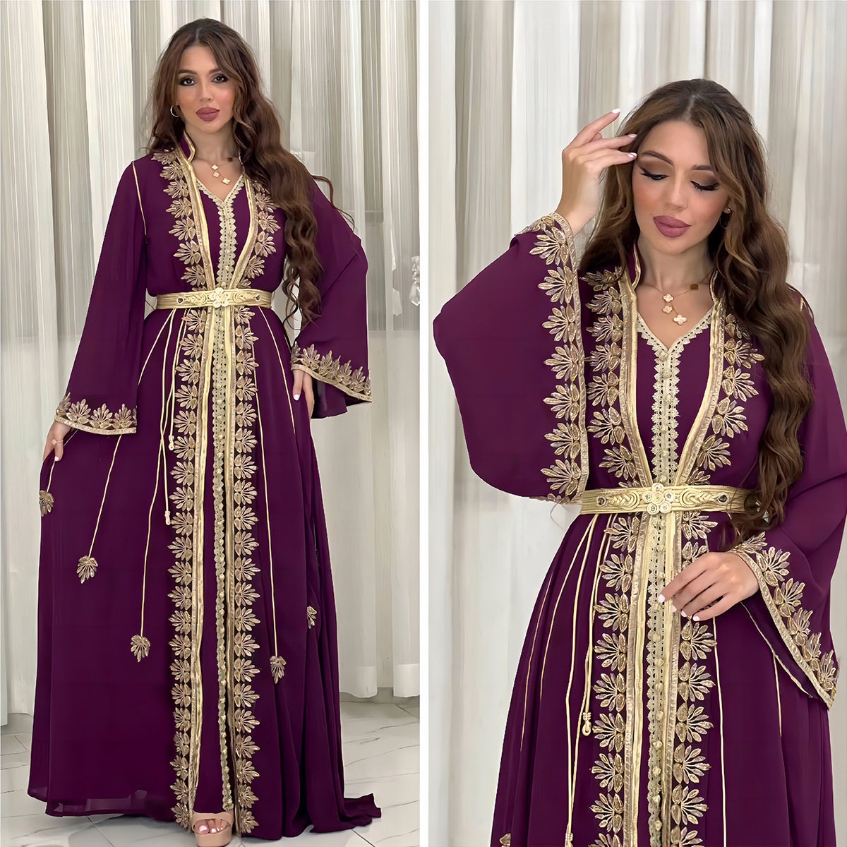 Women's Clothing Muslim Robe Middle East Fashion Long Sleeved Ribbon Embroidery Two Piece Dress