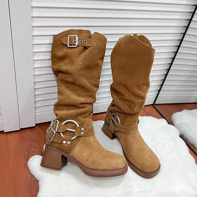 Belt buckle pile up for women 2024 soled thick heeled Western cowboy American matte knight Martin boots