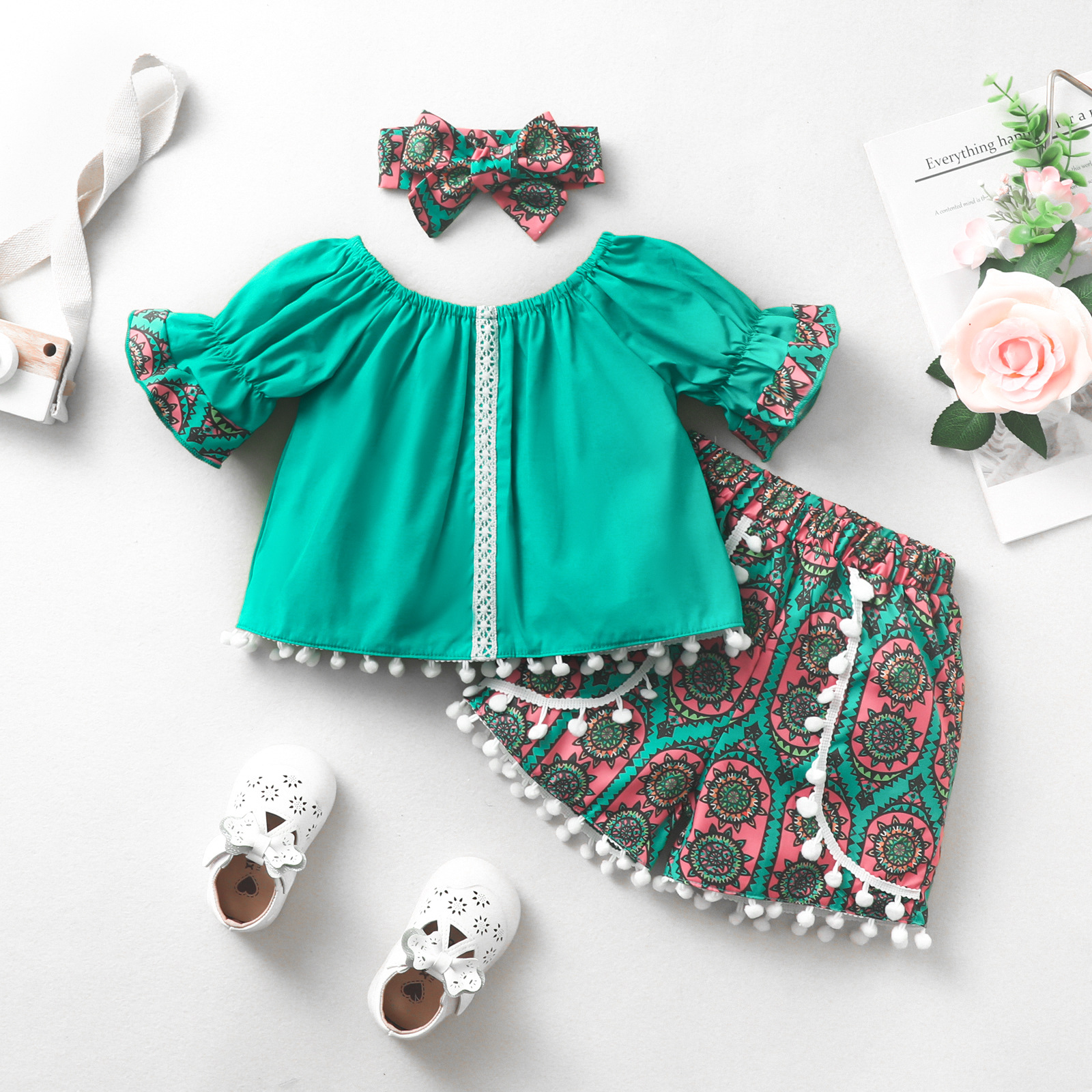 Babies' clothes Summer Girl Bohemian Trendy Retro Suit Baby Girl Trumpet Sleeve Lace Top Cropped Pants Tassel Three-piece Set