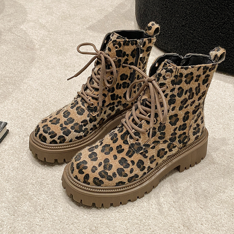 Herbst und Winter Leopard Martin Stiefel Damen Neue europäische und amerikanische dicke Sohle Mode runder Kopf Schnürung Mode kurze Lederstiefel