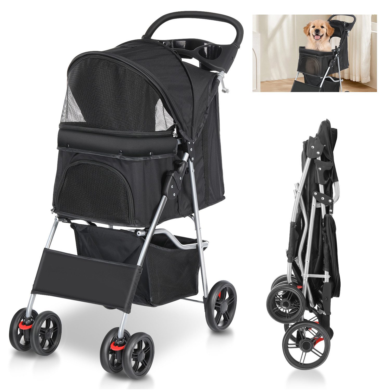 WILGOON Hundebuggy Hundewagen Katzenwagen mit Aufbewahrungskorb,